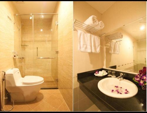 two pictures of a bathroom with a toilet and a sink at Valentine Luxury hotel - 31 Bui Vien Street in Ho Chi Minh City