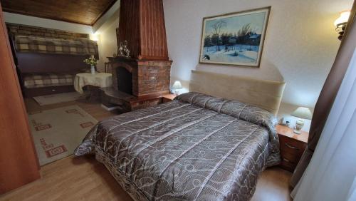 a bedroom with a large bed and a fireplace at Vila Korani in Tirana