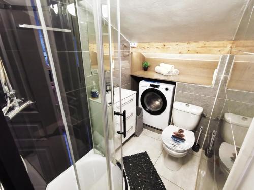 a small bathroom with a toilet and a shower at Bagneux Paris Confort Netflix RER B in Bagneux