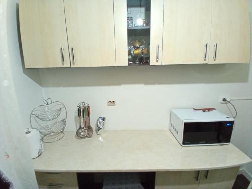 um balcão de cozinha com um micro-ondas e uma torradeira em Apartament 3 camere in regim hotelier em Bîrlad