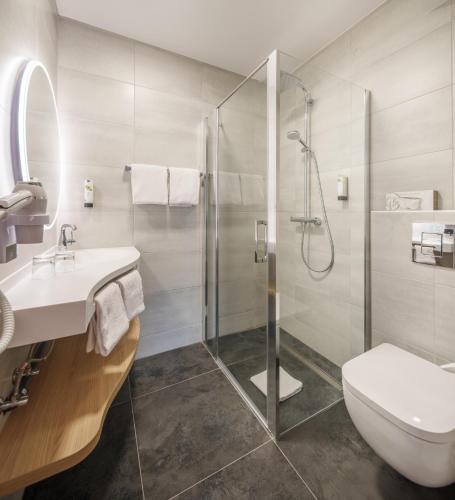 a bathroom with a shower and a sink and a toilet at Logis Hôtel Restaurant Ritter'Hoft in Morsbronn-les-Bains