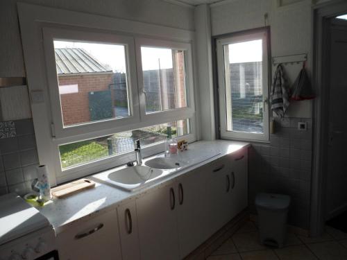 La salle de bains est pourvue de 2 lavabos et de 2 fenêtres. dans l'établissement Maison individuelle de 100 m2, à Aulnoye-Aymeries
