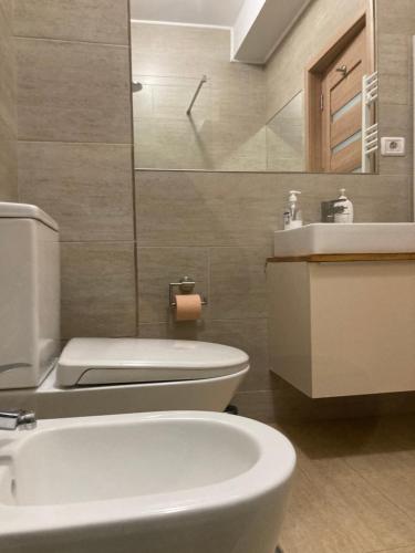 een badkamer met een wit toilet en een wastafel bij studio la mare in Năvodari
