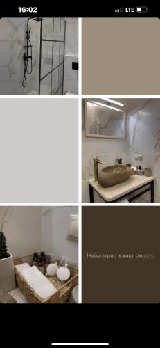 a collage of four pictures of a kitchen with a sink at Sandal in Shaian