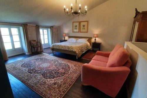 ein Schlafzimmer mit einem Bett, einem Stuhl und einem Teppich in der Unterkunft Beautiful, luxurious and ideally situated cottage in Criteuil-la-Magdeleine