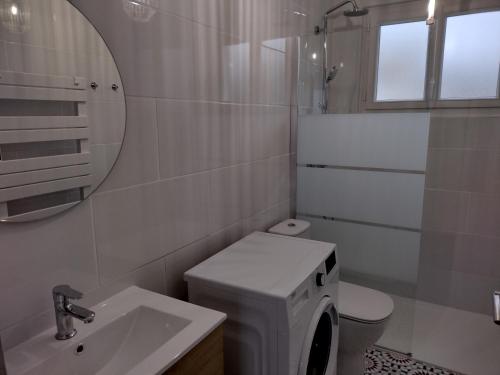 a bathroom with a toilet and a sink and a mirror at Appartement avec vue mer in Vaux-sur-Mer