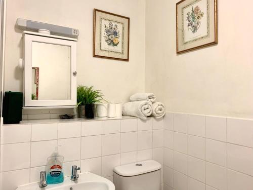 La salle de bains est pourvue de toilettes, d'un lavabo et d'un miroir. dans l'établissement Grosvenor Apartments in Bath - Great for Families, Groups, Couples, 80 sq m, Parking, à Bath