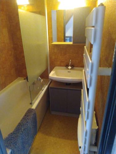 une salle de bain avec un lavabo, un miroir et une baignoire dans l'établissement Duplex gresse-en-vercors, à Gresse-en-Vercors