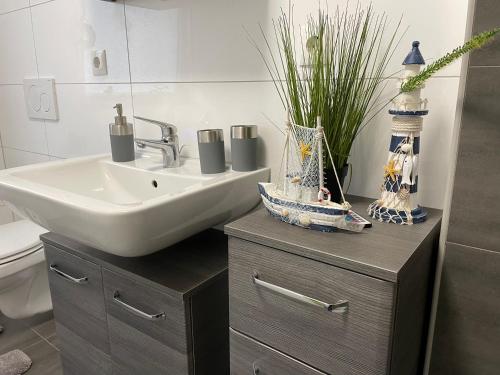 a bathroom with a sink and a toilet and a sink at Ferienhaus Rheinnähe in Lykershausen