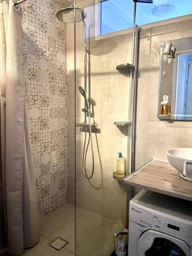 y baño con ducha y puerta de cristal. en Apartment in the heart of Chinatown, Paris, en París