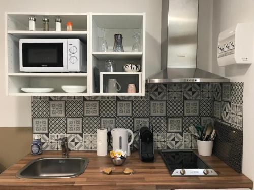 a kitchen counter with a sink and a microwave at Studette de 17m2 avec parking privé gratuit Climatisation et petite cuisine in Menton