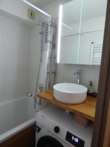 a bathroom with a sink and a washing machine at Studio très agréable Morillon 1100 - 2/4 pers in Morillon