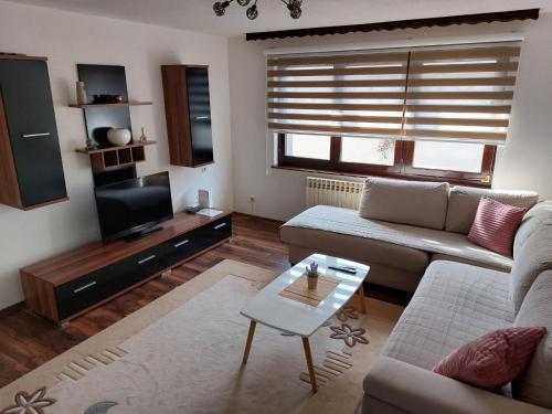 a living room with a couch and a tv at Apartman Kovaci in Sarajevo