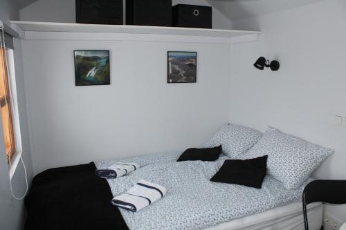 een bed met kussens in een kamer bij Studlagil Canyon Country Home in Grund