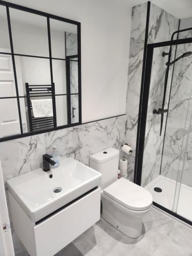 ein Badezimmer mit Toilette, Waschbecken und Dusche in der Unterkunft No 8 Westbay Apartment in Oban