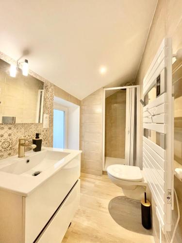 une salle de bain blanche avec un lavabo et des toilettes dans l'établissement LE SALLÉ - Confort - Wifi - Centre Historique - Entrée Autonome, à Quimper
