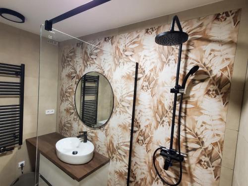 W łazience znajduje się umywalka i lustro. w obiekcie Nový apartman Eva w Jiczynie