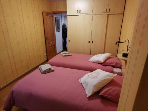 2 camas en una habitación con sábanas rosas en Cómoda vivienda en Huesca en Huesca