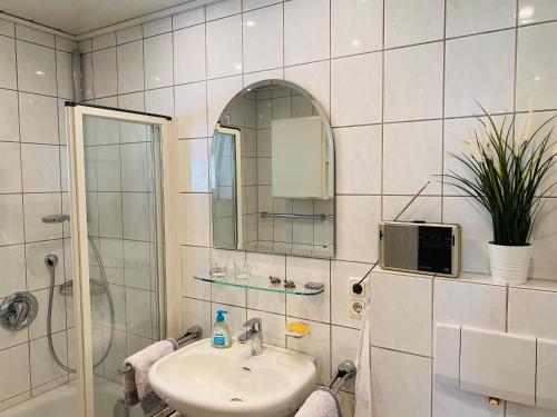 a bathroom with a sink and a shower and a mirror at Ferienhaus mit Charme DEL in Delmenhorst