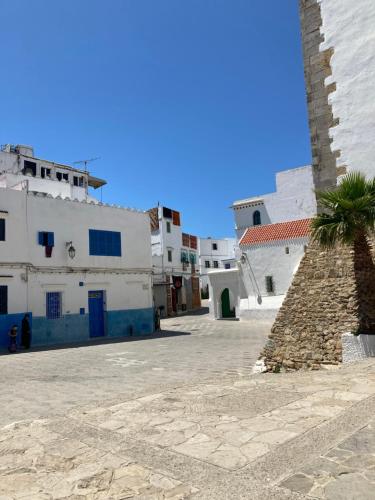 a street with white buildings and a palm tree at Dar Said in Asilah