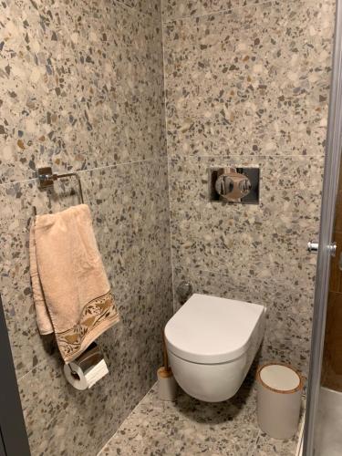 La salle de bains est pourvue de toilettes et d'une serviette murale. dans l'établissement Lovely Duplex Guesthouse in Bursa, à Gorukle