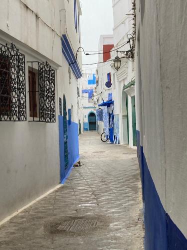 a narrow alley with blue and white buildings at Dar Said in Asilah