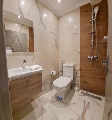 a white bathroom with a toilet and a sink at Cozy Studio Private Terrace - fiber Wi-Fi & Netflix in Essaouira