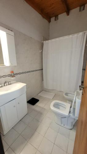 a bathroom with a white toilet and a sink at El Patio del Aromo in Puerto Madryn
