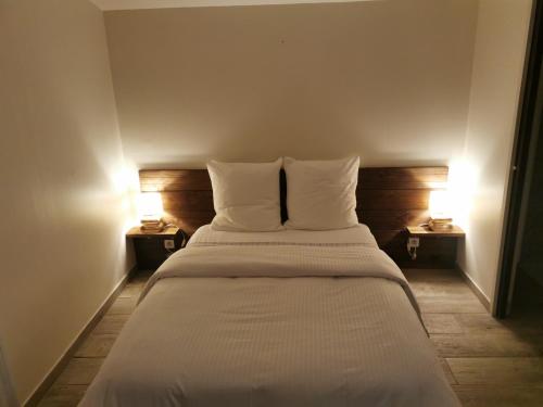 - une chambre avec un lit et deux lampes de chaque côté dans l'établissement Studio indépendant à 2 minutes du golf du Luberon, à Pierrevert