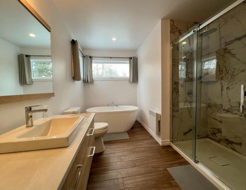 uma casa de banho com uma banheira, um lavatório e um chuveiro em Chalet Bellevue (Mont-Comi) em Saint-Gabriel