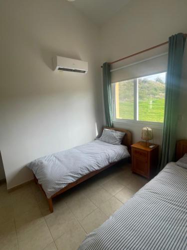 1 dormitorio con 2 camas y ventana en Polis Mountain and Sea view apartment en Polis Chrysochous