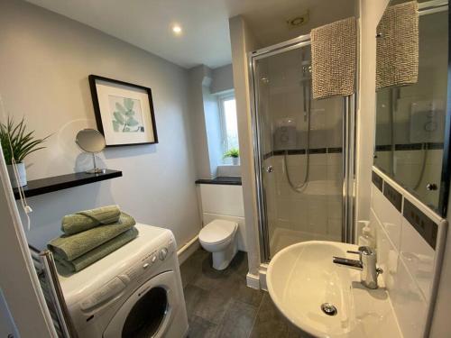 a bathroom with a shower sink and a washing machine at Compact Modern Apartment Single Person or Couple Only in Bangor