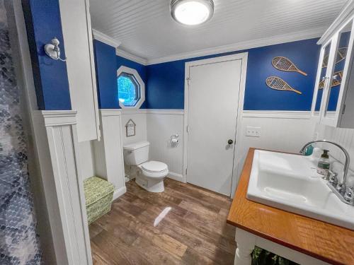 的住宿－RANDALL LAKE RETREAT-LIMIT 7 villa，浴室设有蓝色的墙壁、卫生间和水槽。
