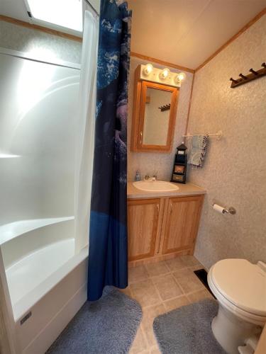 y baño con bañera, aseo y lavamanos. en SUNNY BREAK- LIMIT 6 cottage, en Raymond