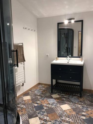 une salle de bain avec un lavabo et un miroir dans l'établissement Grand gîte au calme avec piscine, à Ardillières