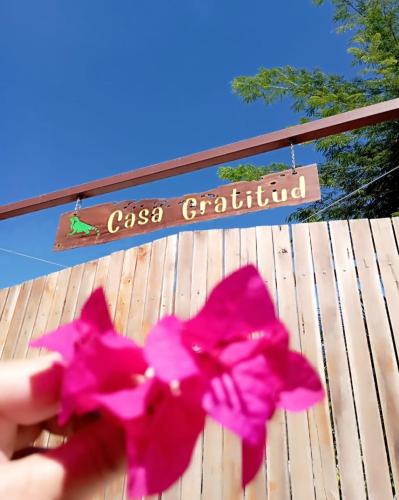 a person holding pink flowers in front of a gate at Casa Gratitud in Paquera