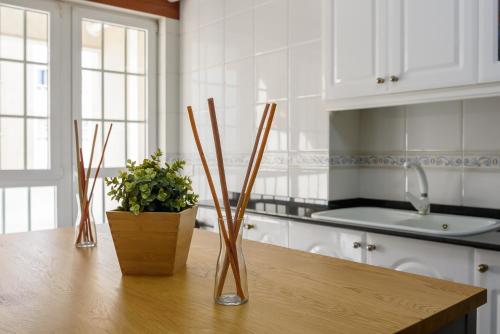 una encimera de cocina con dos jarrones y una planta. en O Faro Apartments, en Ribadeo