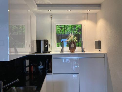 a kitchen with a counter top with a window at Appartement Novotna in Ponte Tresa