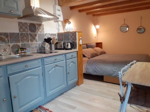 eine Küche mit einem Waschbecken und ein Bett in einem Zimmer in der Unterkunft Studio indépendant dans villa in Néffiès