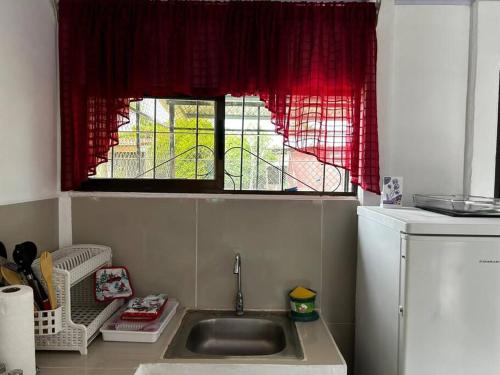 eine Küche mit einem Waschbecken und einem roten Fenster in der Unterkunft Casita de Campo in Sardinal