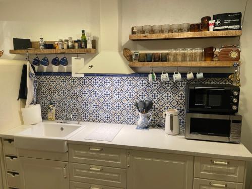 a kitchen with a sink and a microwave at Sea house Preila in Neringa