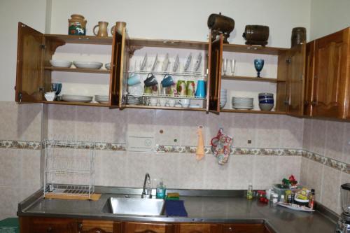 Candileja hostel في خاردين: مطبخ بدولاب خشبي ومغسلة ومكتب