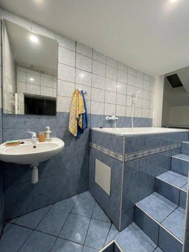 a bathroom with a sink and a bath tub and a sink at Francis Apartment I- Spa Center Karlovy Vary in Karlovy Vary