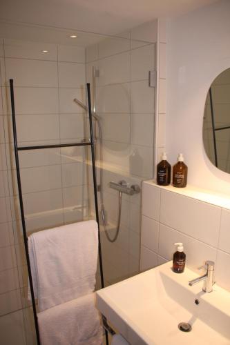 a bathroom with a shower and a sink at Bed & Breakfast Gaetzi in Windlach