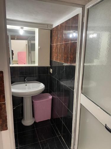 uma casa de banho com um lavatório, um espelho e um chuveiro em Berti’s apartaments em Durrës