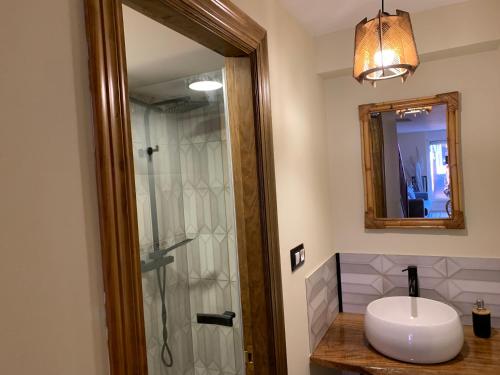 a bathroom with a sink and a shower with a mirror at "CHALET A ESTRENAR" MIRADOR DE LA VENTOSA-Potes in Ojedo