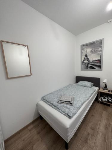 een slaapkamer met een bed en een foto aan de muur bij Pruszkowskie mieszkanko in Pruszków