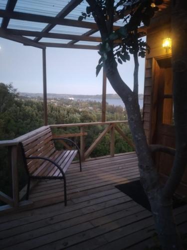 a bench sitting on a wooden deck with a tree at Turismo del Bosque in Castro