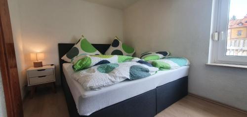 uma cama num quarto com uma janela em Fewo Am Wiesenweg EG1 em Bad Elster