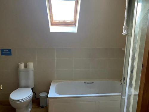 a bathroom with a toilet and a tub and a window at Dove House in Killala